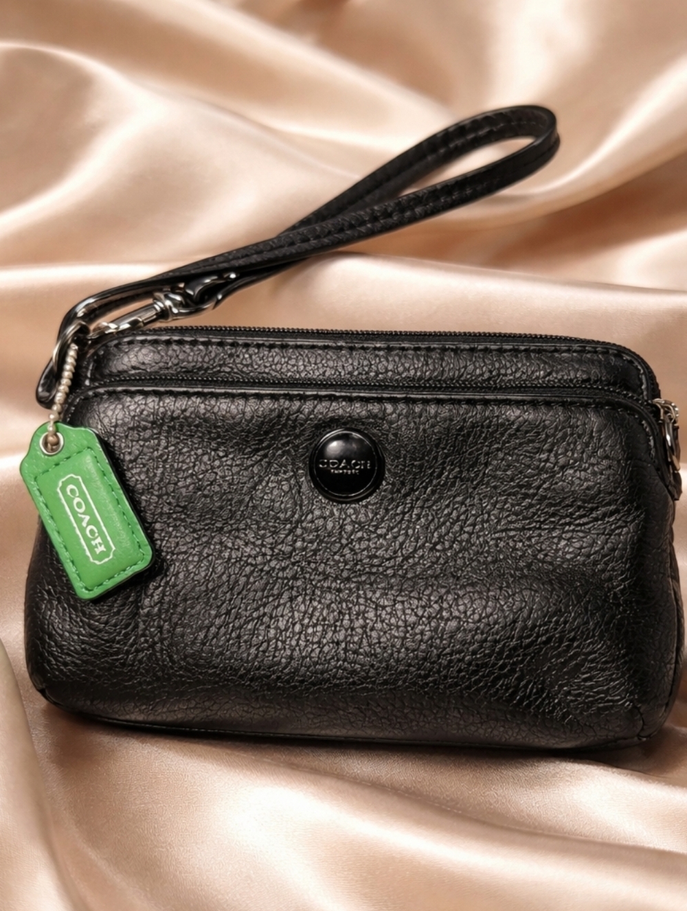 Coach Black Leather Wristlet with Green Tag